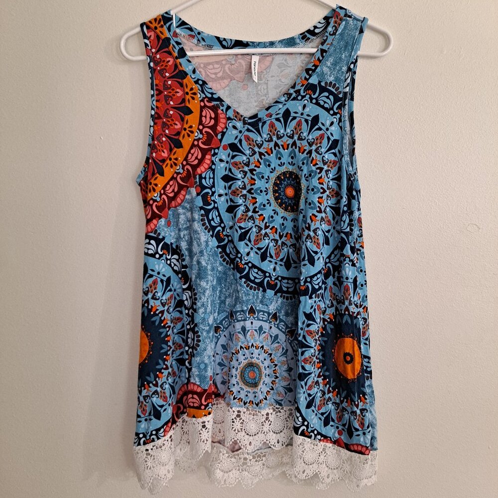 Popyoung Women's Flowy TANK TOP Floral Flimsy Lace Hem Sleeveless Top